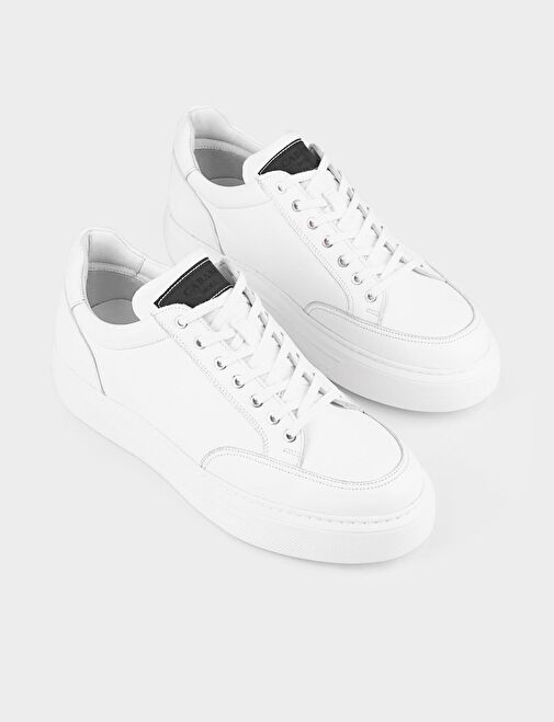 Hakiki Deri Beyaz Bağcıklı Poliüratan Taban Erkek Spor Ayakkabı - Görsel 4