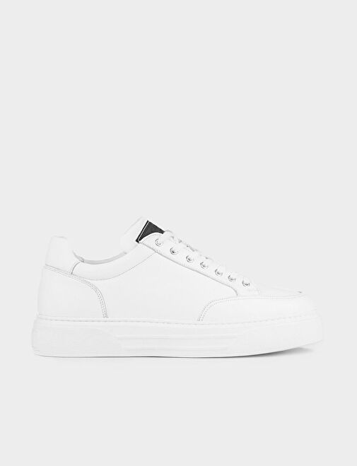 Hakiki Deri Beyaz Bağcıklı Poliüratan Taban Erkek Spor Ayakkabı - Görsel 5