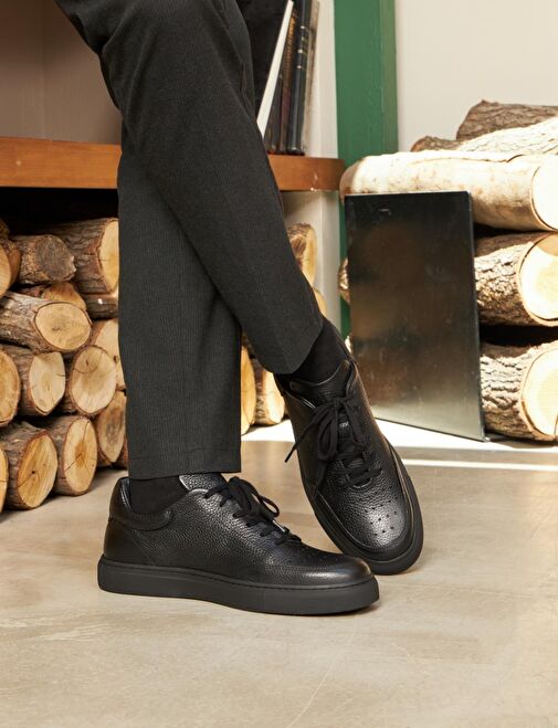 Hakiki Deri Erkek Siyah Spor Bağcıklı Ayakkabı - Görsel 5