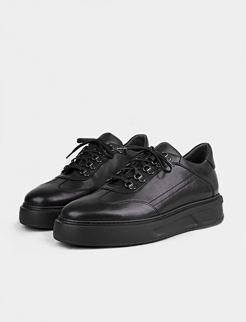 Meşin Astarlı Hakiki Deri Siyah Bağcıklı Erkek Spor Ayakkabı - Görsel 5