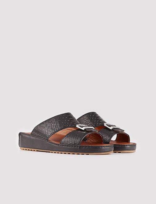 Hakiki Deri Çift Bantlı Siyah Erkek Terlik - Görsel 3