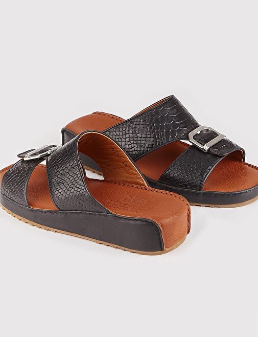 Hakiki Deri Çift Bantlı Siyah Erkek Terlik - Görsel 5