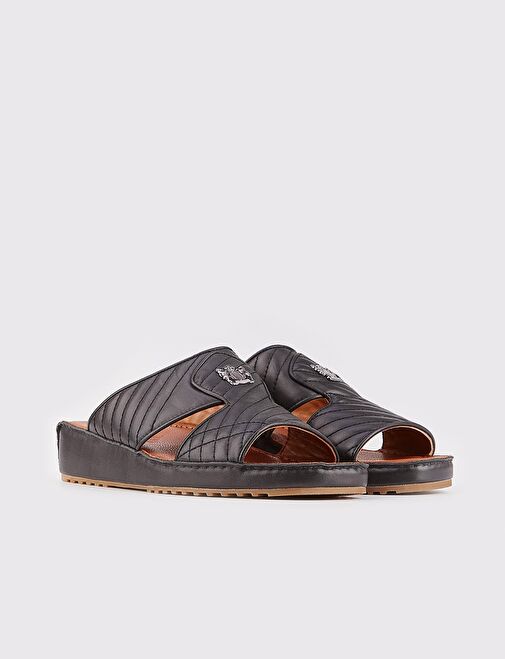 Erkek Hakiki Deri Rozet Aksesuarlı Siyah Terlik - Görsel 3