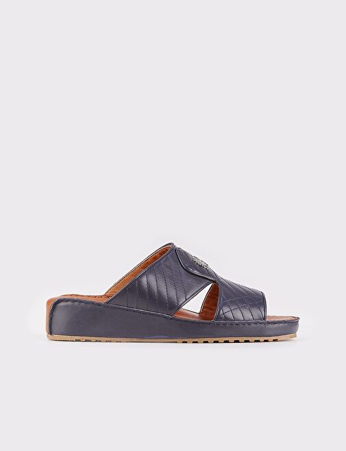 Erkek Hakiki Deri Logo Aksesuarlı Lacivert Terlik - Görsel 2