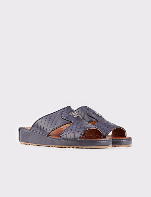 Erkek Hakiki Deri Logo Aksesuarlı Lacivert Terlik - Görsel 3