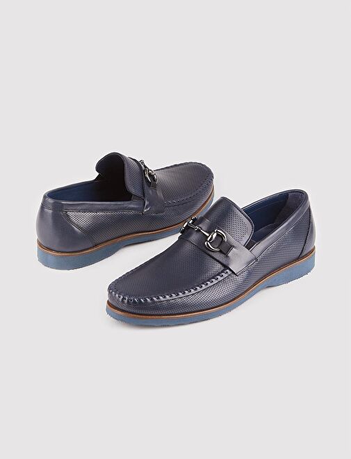 Erkek Hakiki Deri Metal Toka Aksesuarlı Lacivert Günlük Ayakkabı - Görsel 5