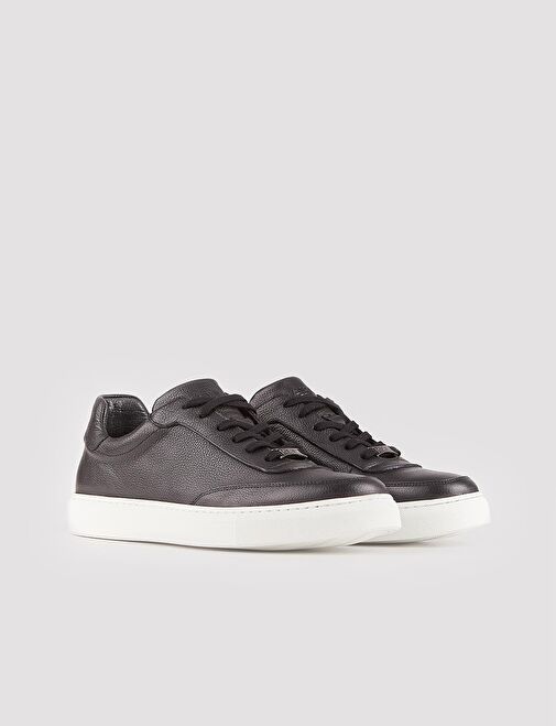 Erkek Hakiki Deri Beyaz Tabanlı Siyah Bağcıklı Spor Ayakkabı - Görsel 3