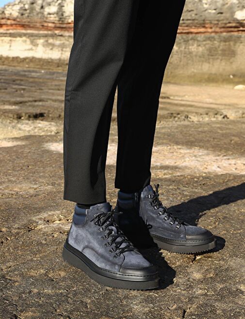 Hakiki Deri Lacivert Bağcıklı Erkek Fermuarlı Günlük Bot - Görsel 2