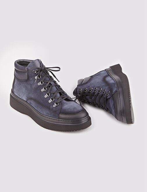 Hakiki Deri Lacivert Bağcıklı Erkek Fermuarlı Günlük Bot - Görsel 6