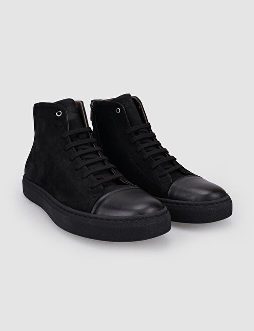 %100 Hakiki Deri Siyah Nubuk Bağcıklı Fermuarlı Erkek Günlük Bot - Görsel 3