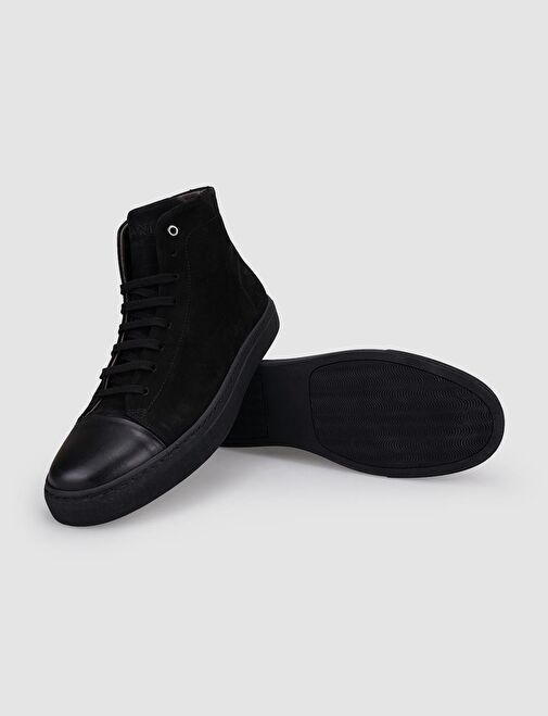 %100 Hakiki Deri Siyah Nubuk Bağcıklı Fermuarlı Erkek Günlük Bot - Görsel 5