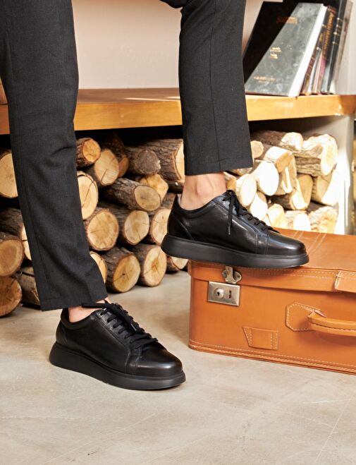 Hakiki Deri Erkek Spor Siyah Bağcıklı Ayakkabı - Görsel 2