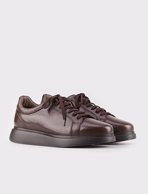 Kauçuk Taban Hakiki Deri Kahverengi Bağcıklı Erkek Spor Ayakkabı - Görsel 3