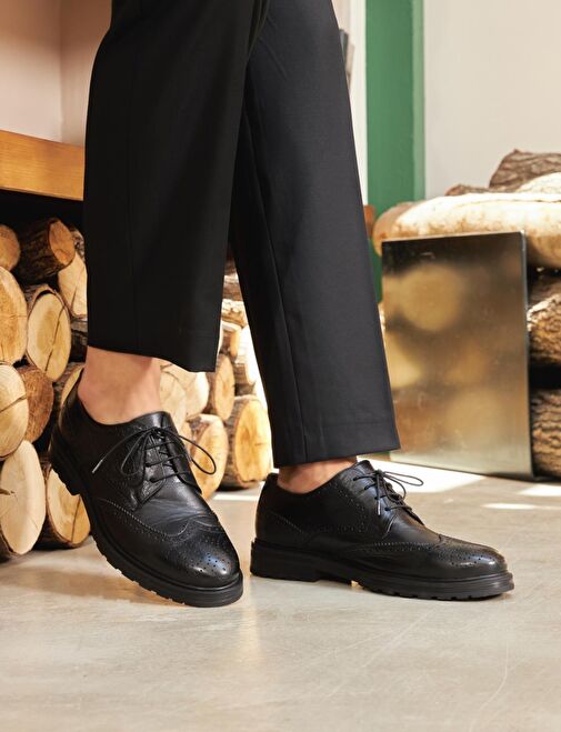 Hakiki Deri Siyah Erkek Bağcıklı Günlük Ayakkabı - Görsel 3