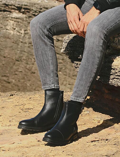 Hakiki Deri Kauçuk Tabanlı Siyah Fermuarlı Erkek Günlük Bot - Görsel 6