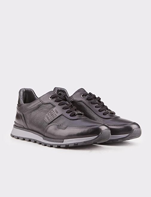 Erkek Özel Tasarım Hakiki Deri Siyah Bağcıklı Spor Ayakkabı - Görsel 3