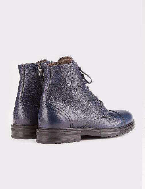Hakiki Deri Lacivert Bağcıklı Fermuarlı Erkek Günlük Bot - Görsel 4