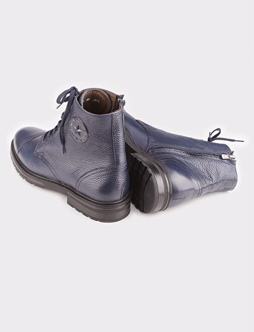 Hakiki Deri Lacivert Bağcıklı Fermuarlı Erkek Günlük Bot - Görsel 5
