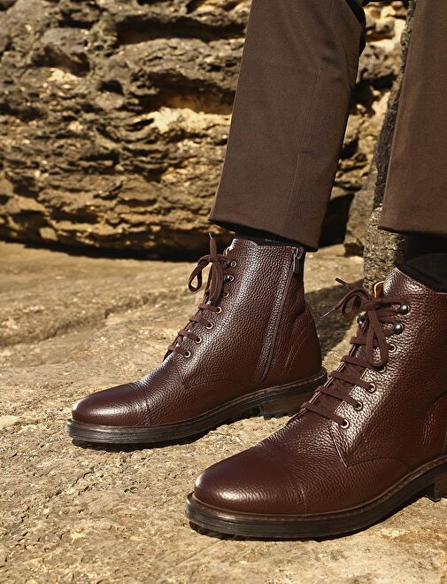 Hakiki Deri Kahverengi Bağcıklı Fermuarlı Erkek Kışlık Günlük Bot - Görsel 6