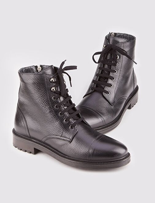 Hakiki Deri Termo Taban Siyah Bağcıklı Fermuarlı Erkek Günlük Bot - Görsel 5