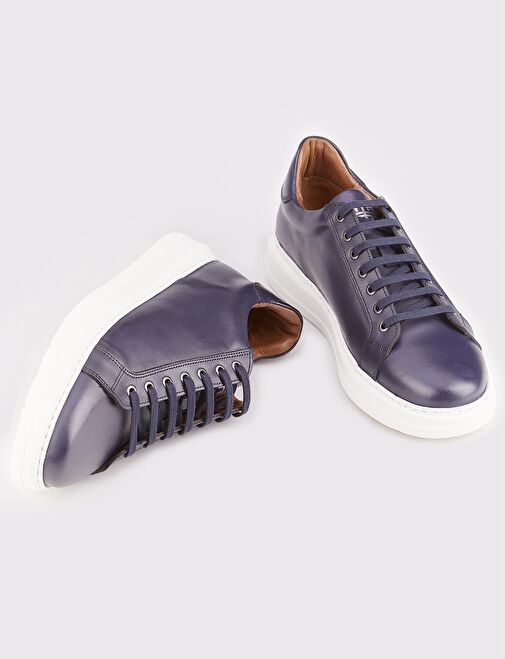 Erkek Beyaz Tabanlı Hakiki Deri Lacivert Bağcıklı Spor Ayakkabı - Görsel 5