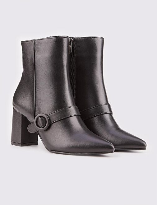 Hakiki Deri Toka Detaylı Siyah Fermuarlı Kadın Topuklu Bot - Görsel 3