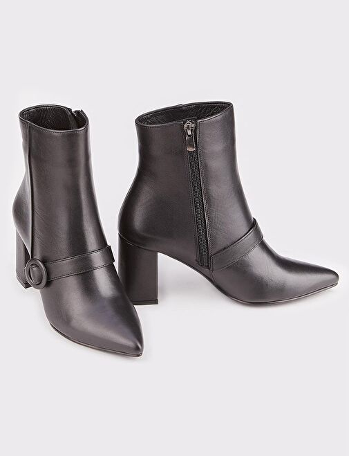 Hakiki Deri Toka Detaylı Siyah Fermuarlı Kadın Topuklu Bot - Görsel 5