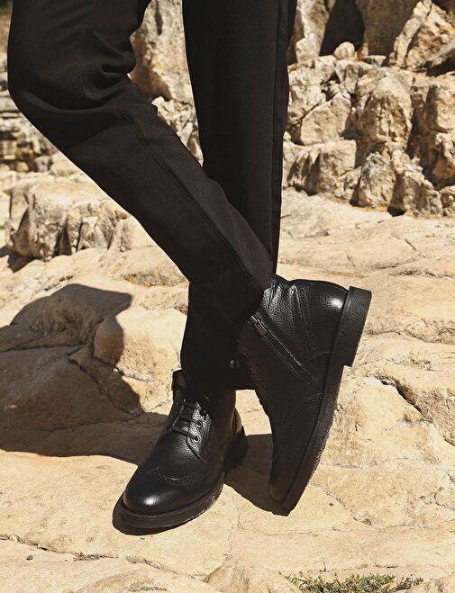 Kauçuk Taban Hakiki Deri Siyah Bağcıklı Erkek Günlük Bot - Görsel 6