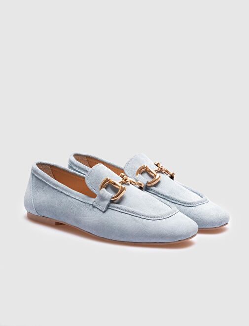 Hakiki Deri Mavi Süet Kadın Loafer - Görsel 6