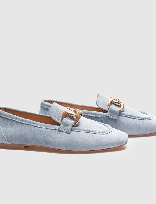 Hakiki Deri Mavi Süet Kadın Loafer - Görsel 4