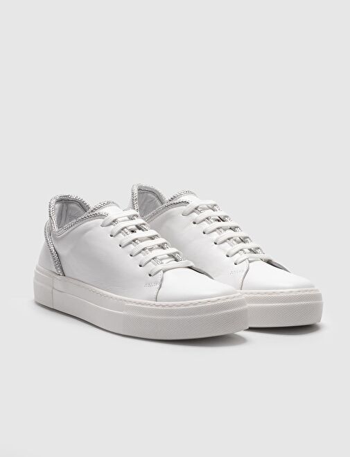 Hakiki Deri Beyaz Bağcıklı Kadın Spor Ayakkabı - Görsel 3