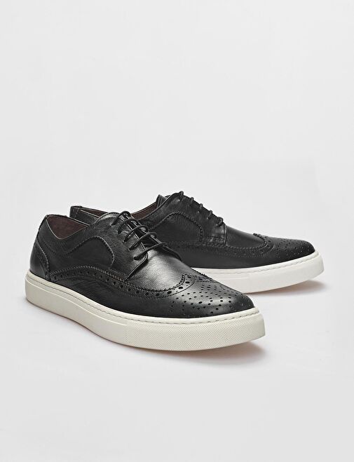 Hakiki Deri Siyah Bağcıklı Erkek Spor Ayakkabı - Görsel 5