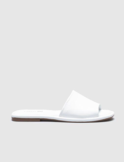 Hakiki Deri Beyaz Kadın Düz Terlik - Görsel 2