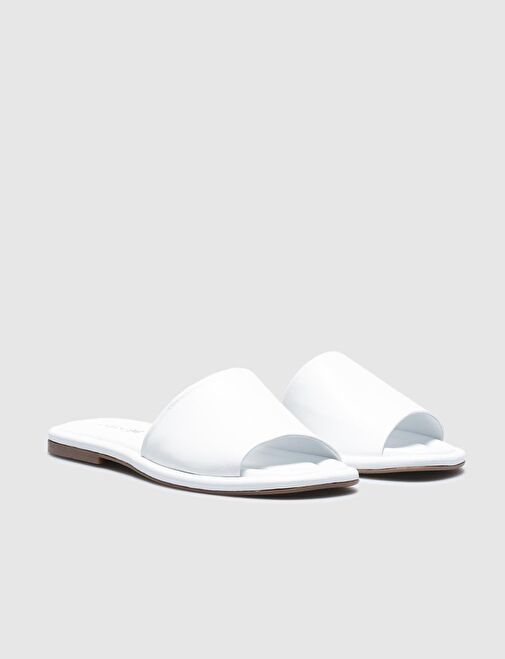 Hakiki Deri Beyaz Kadın Düz Terlik - Görsel 3