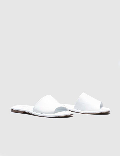 Hakiki Deri Beyaz Kadın Düz Terlik - Görsel 5