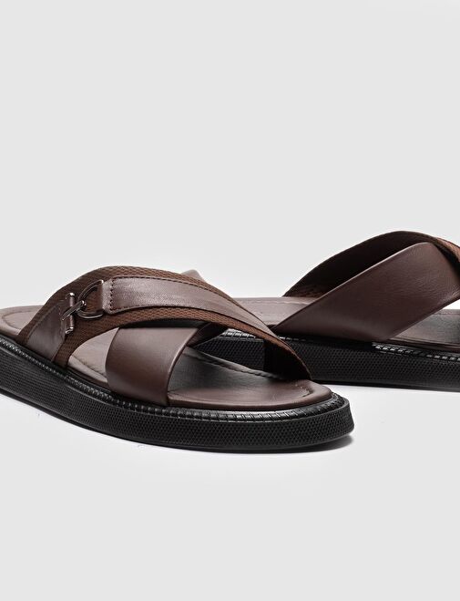 Hakiki Deri Kahverengi Kemerli Erkek Günlük Terlik - Görsel 5