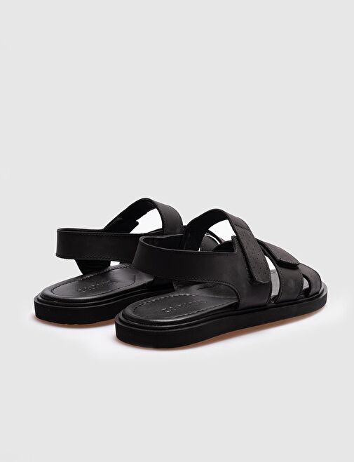 Hakiki Deri Siyah Cırt Cırtlı Erkek Günlük Sandalet - Görsel 5