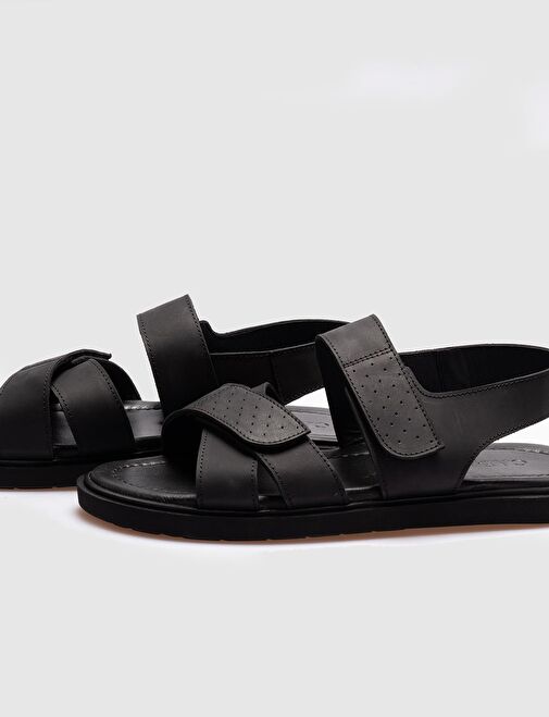 Hakiki Deri Siyah Cırt Cırtlı Erkek Günlük Sandalet - Görsel 6