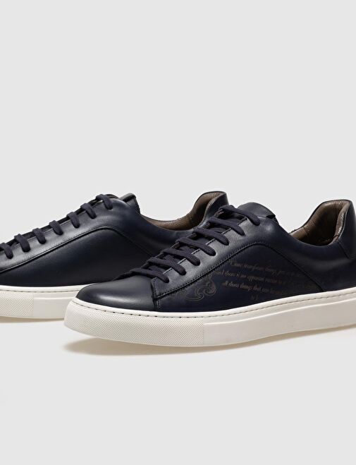 Hakiki Deri Lacivert Yazı Detaylı Bağcıklı Erkek Ayakkabı - Görsel 5