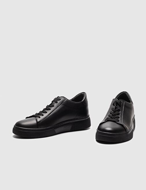 Hakiki Deri Siyah Bağcıklı Kadın Spor Ayakkabı - Görsel 5