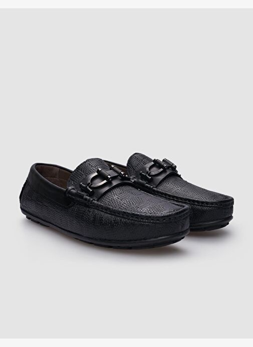 %100 Hakiki Deri Siyah Desenli Tokalı Erkek Ayakkabı - Görsel 3