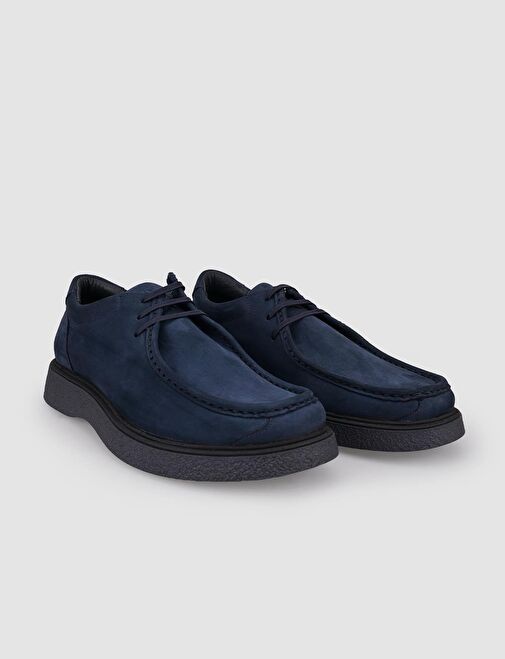 %100 Hakiki Deri Lacivert Nubuk Bağcıklı Erkek Günlük Ayakkabı - Görsel 3
