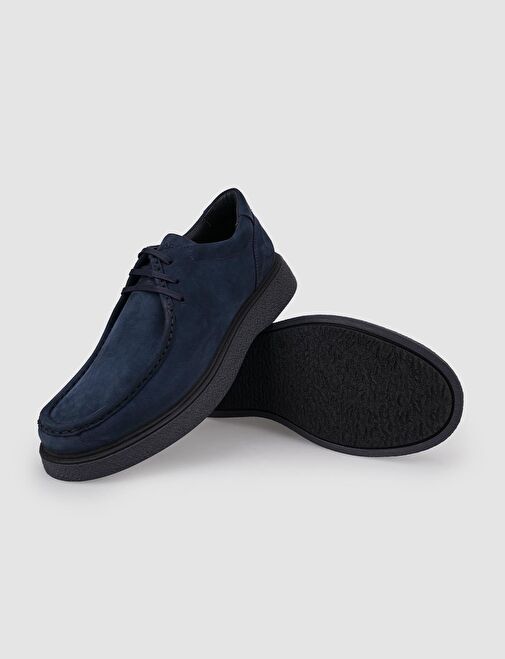 %100 Hakiki Deri Lacivert Nubuk Bağcıklı Erkek Günlük Ayakkabı - Görsel 5