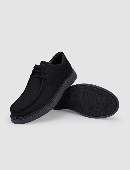 %100 Hakiki Deri Siyah Nubuk Bağcıklı Erkek Günlük Ayakkabı - Görsel 5