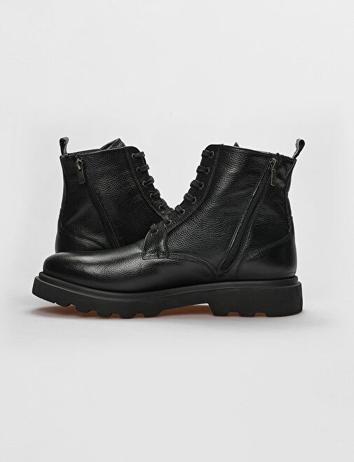 Hakiki Deri Siyah Bağcıklı Fermuarlı Erkek Günlük Bot - Görsel 5