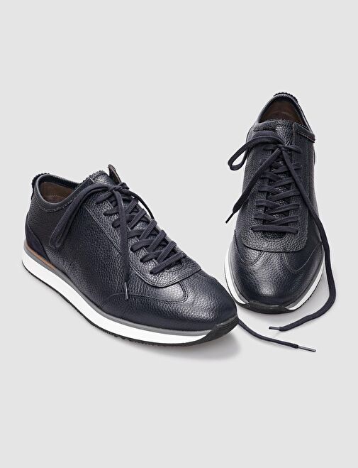 Hakiki Deri Lacivert Bağcıklı Erkek Spor Ayakkabı - Görsel 5