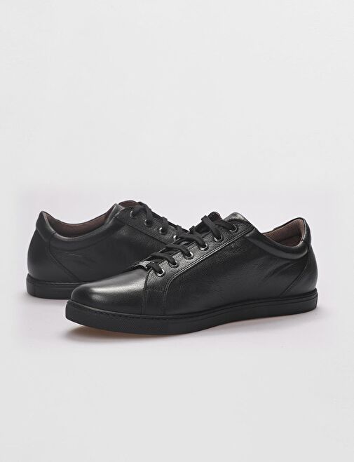 Hakiki Deri Siyah Bağcıklı Erkek Sneaker Ayakkabı - Görsel 5
