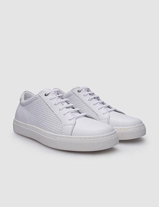 %100 Hakiki Deri Beyaz Bağcıklı Desenli Erkek Sneaker - Görsel 3