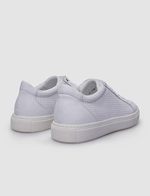 %100 Hakiki Deri Beyaz Bağcıklı Desenli Erkek Sneaker - Görsel 4