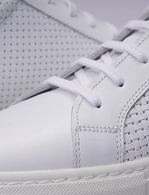 %100 Hakiki Deri Beyaz Bağcıklı Desenli Erkek Sneaker - Görsel 5